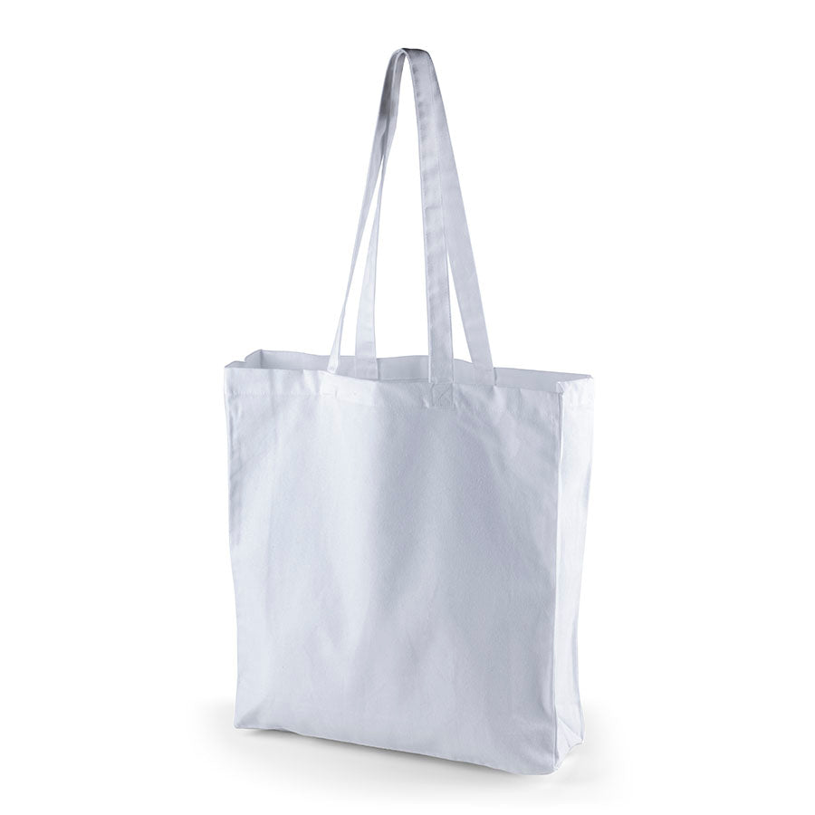 White cotton tote bag with side and bottom gussets, 220 g/m², custom print - front view