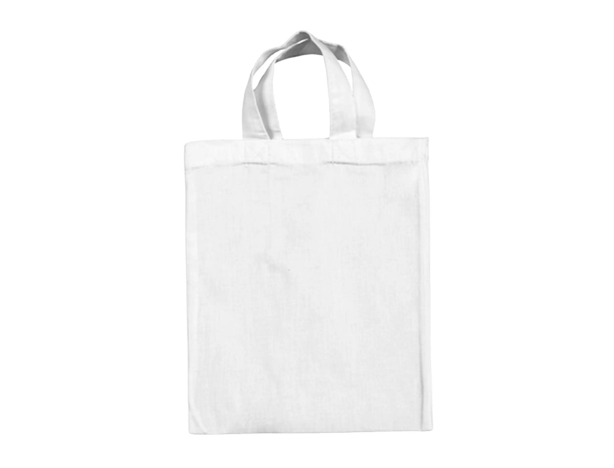 White small cotton tote bag with short handles and custom logo print, 140 g/m², 22 × 26 cm