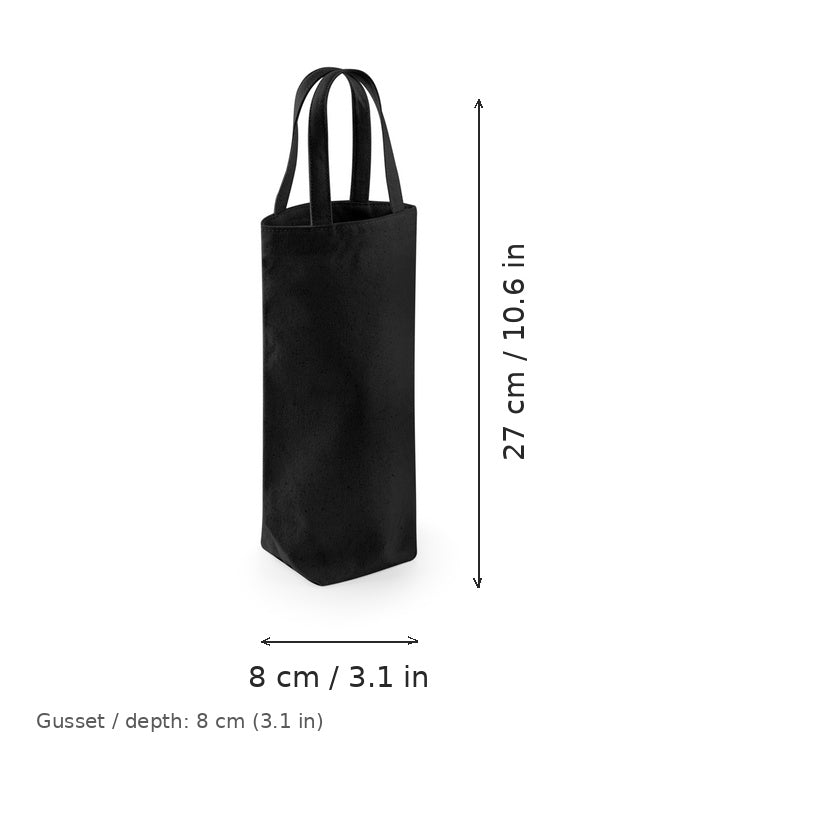 Bolsa portabotellas de algodón de comercio justo negra con estampado personalizado, 407 g/m², 8 × 27 cm con fuelle de 8 cm, con medidas de ancho y alto