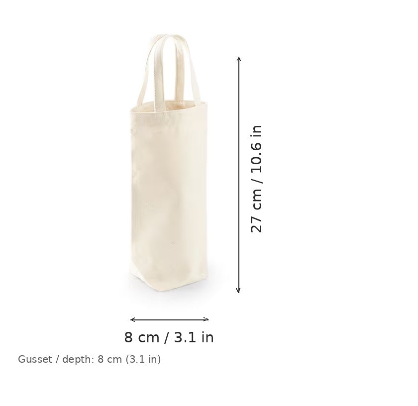Bolsa portabotellas de algodón de comercio justo natural con estampado personalizado, 407 g/m², 8 × 27 cm con fuelle de 8 cm, con medidas de ancho y alto