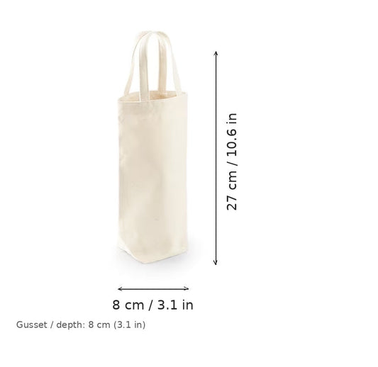 Bolsa portabotellas de algodón de comercio justo natural con estampado personalizado, 407 g/m², 8 × 27 cm con fuelle de 8 cm, con medidas de ancho y alto