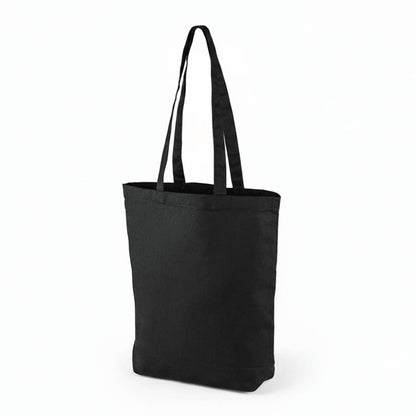 Borsa in tela di cotone nera con stampa personalizzata (220 gm², 38×42 cm, soffietto sul fondo)