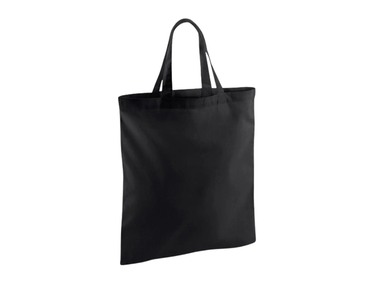 Black cotton tote bag with short handles and custom logo print, 140 g/m², 38 × 42 cm