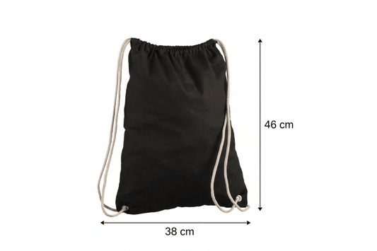 Sort bomuldspose med snørelukning og eget tryk 38 x 46 cm (140 g/m²)