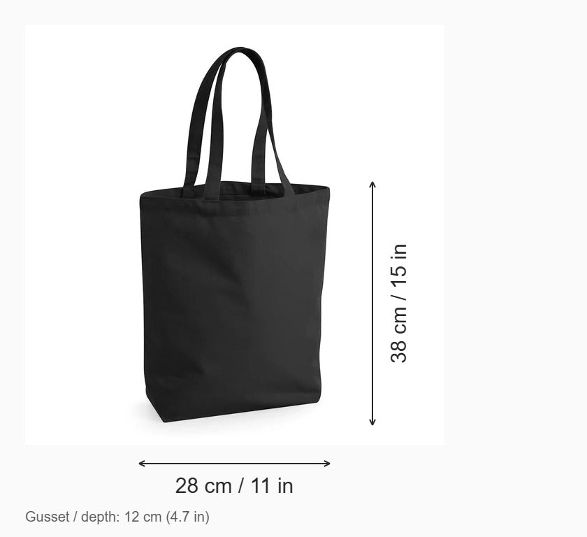 Black Fairtrade Cotton Camden Shopper, 407 g/m², with measurements: 28 cm wide, 38 cm high, 12 cm gusset