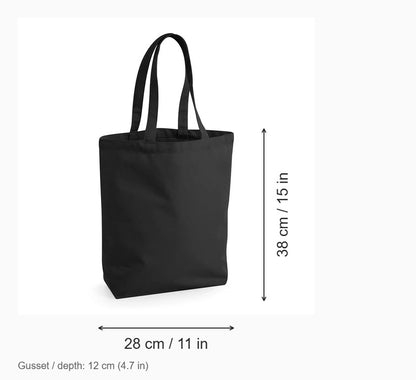 Black Fairtrade Cotton Camden Shopper, 407 g/m², with measurements: 28 cm wide, 38 cm high, 12 cm gusset