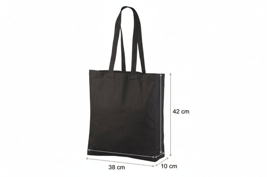 Svart kraftig tygkasse i bomull med logotryck (340 g/m², 38×42 cm, sido- & bottenbälg)
