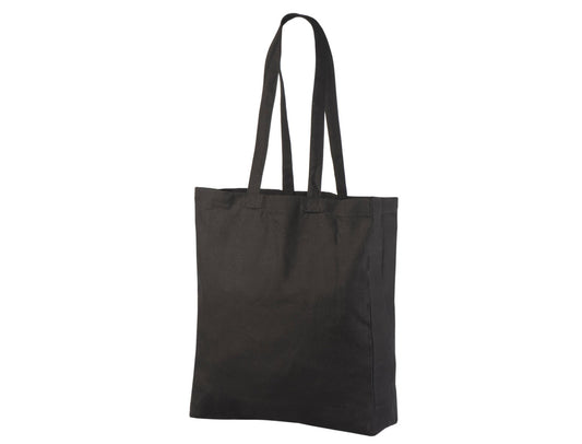 Svart kraftig tygkasse i bomull med logotryck (340 g/m², 38×42 cm, sido- & bottenbälg)