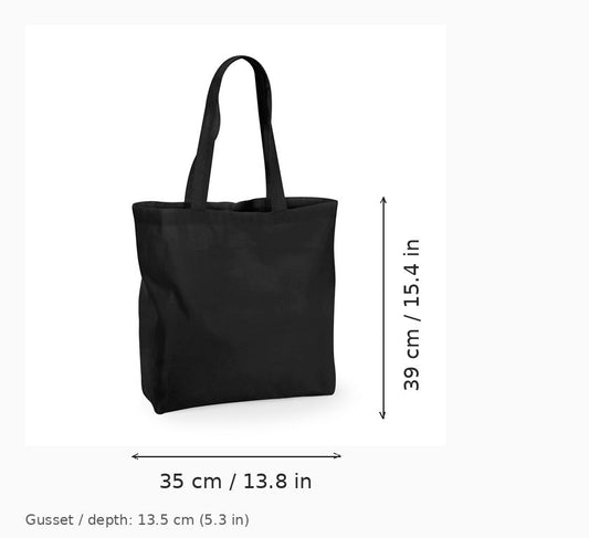 Sort stor mulepose med sidefals og tryk, 35 x 39 x 13,5 cm – mulepose med mål og bunddybde