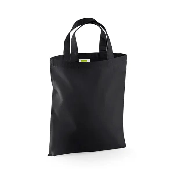 Black mini cotton tote bag with short handles and custom logo print, 140 g/m², 26 × 32.5 cm