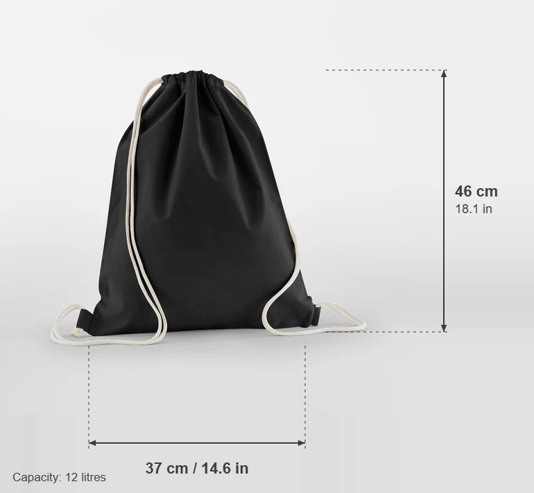 Black organic cotton gymsac, 140 g/m², with measurements: 37 cm wide, 46 cm high, 12 litres
