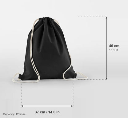 Black organic cotton gymsac, 140 g/m², with measurements: 37 cm wide, 46 cm high, 12 litres