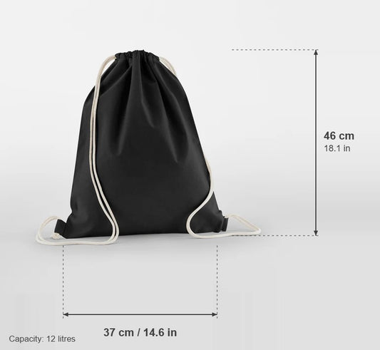 Black organic cotton gymsac, 140 g/m², with measurements: 37 cm wide, 46 cm high, 12 litres