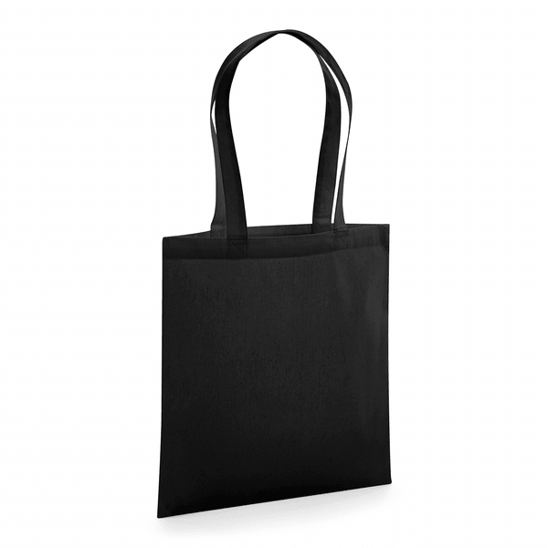 Bolsa de tela de algodón orgánico premium negra certificada GOTS con asas largas y logotipo estampado personalizado, 200 g/m², 38 × 42 cm