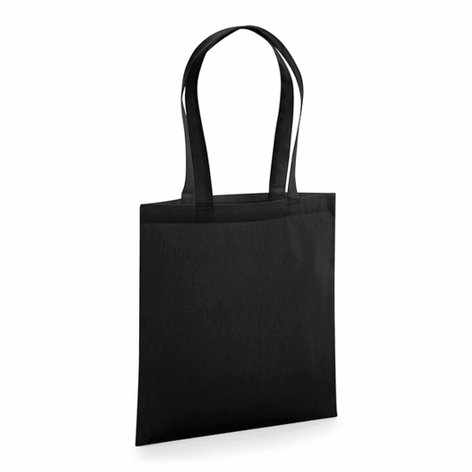 Black GOTS certified organic premium cotton tote bag with long handles and custom logo print, 200 g/m², 38 × 42 cm