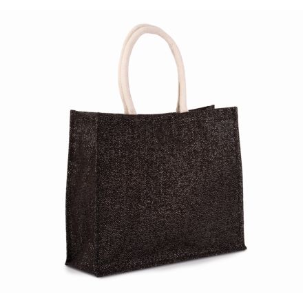Black - Silver jute beach bag with custom print, 42 × 35 cm, 330 g/m², cotton handles