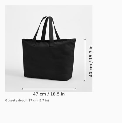 Mustan ylisuuren kangaskassin mittapiirros — leveys 47 cm × korkeus 40 cm, pohjan syvyys 17 cm