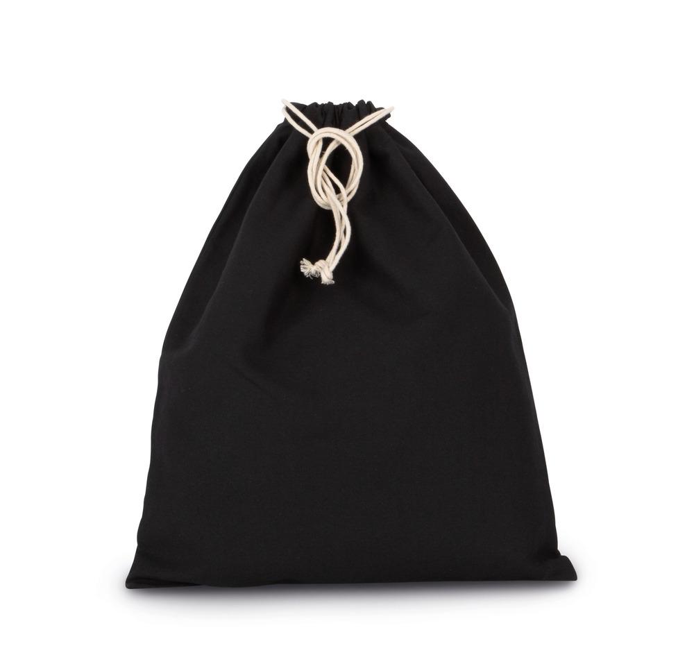 Black cotton drawcord pouch with drawstring closure and custom print, 220 g/m², S size, 13 × 15 cm