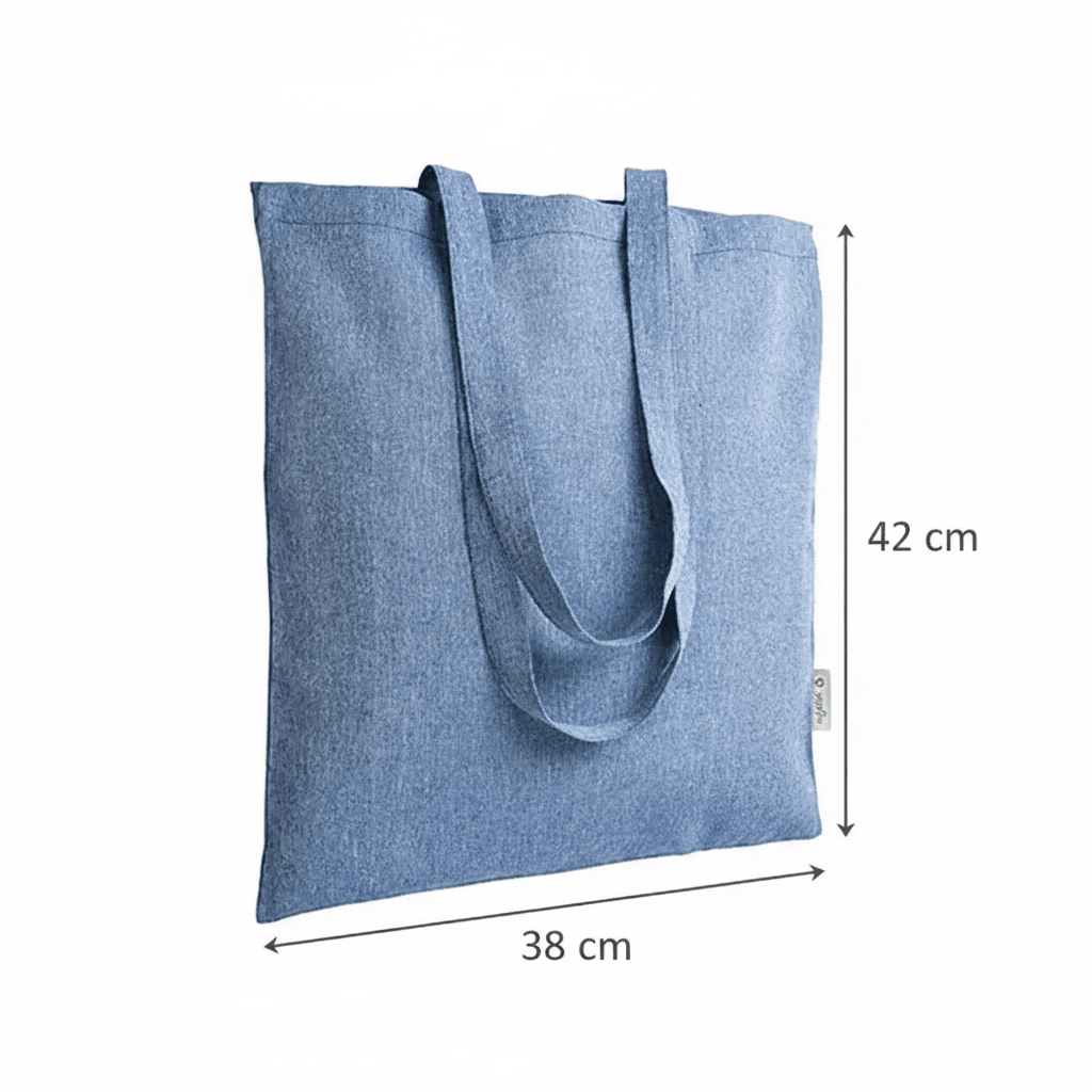 Sininen meleerattu kierrätysmateriaalista valmistettu kangaskassi 38 × 42 cm (140 g/m²) – kuva 2