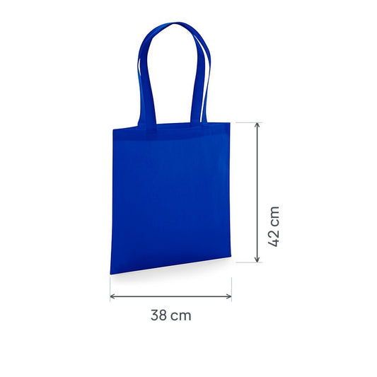 Bright Royal Blue GOTS certified organic premium cotton tote bag, 200 g/m², 38 × 42 cm, shown with height and width measurement markings