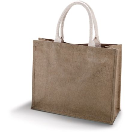 Cappuccino Brown jute beach bag with custom print, 42 × 35 cm, 330 g/m², cotton handles
