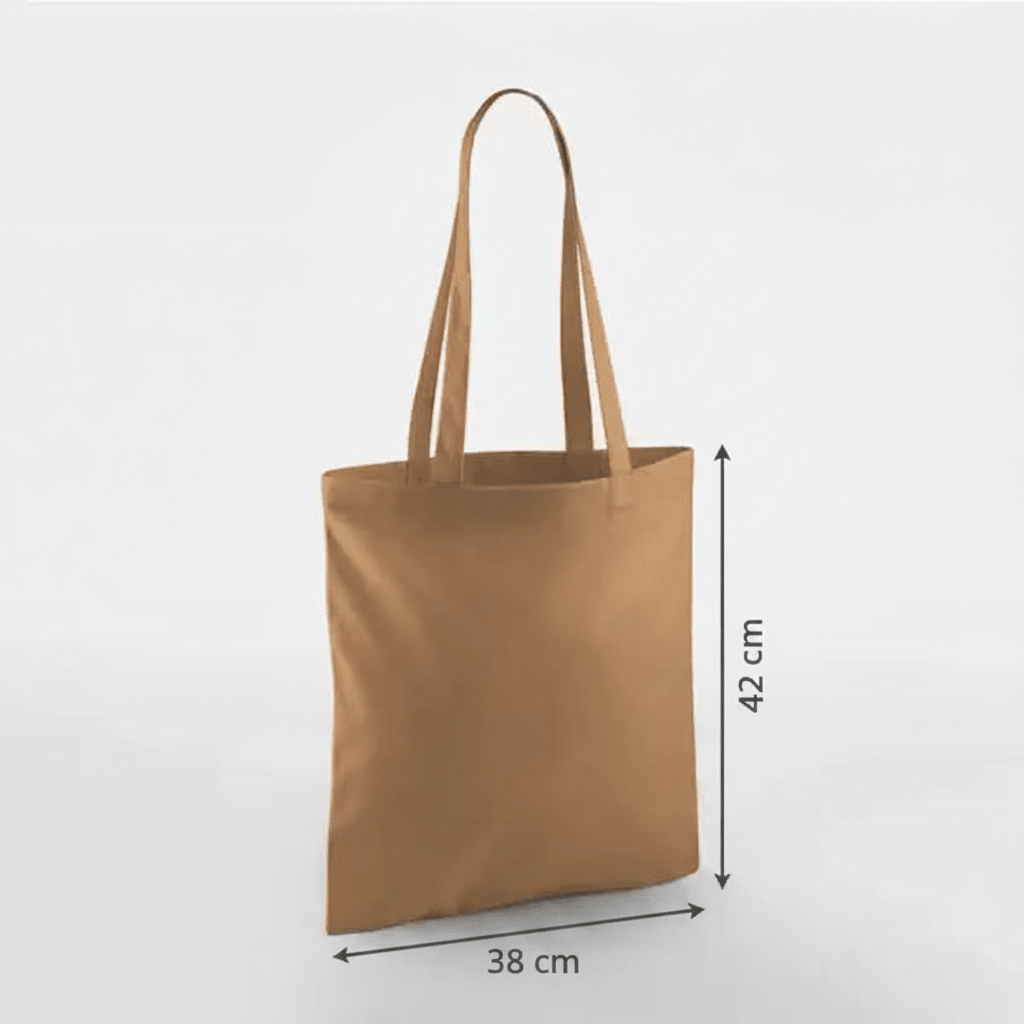 Bolsa de algodón clásica con asas largas, color marrón caramelo, con estampado personalizado, 38 × 42 cm, con marcas de altura y anchura