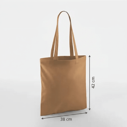 Bolsa de algodón clásica con asas largas, color marrón caramelo, con estampado personalizado, 38 × 42 cm, con marcas de altura y anchura