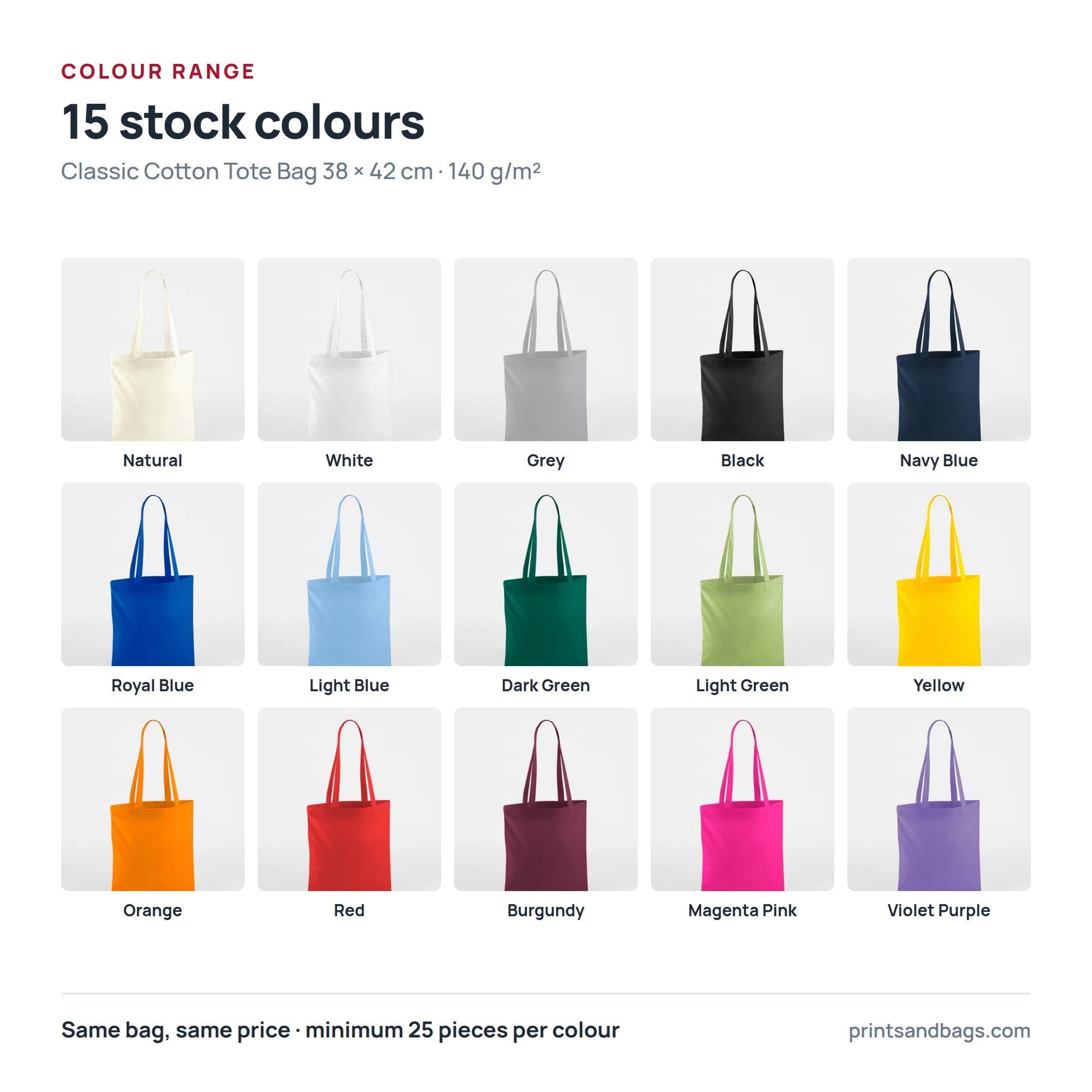 All 15 stock colours of the 38 × 42 cm cotton tote bag with logo print, 140 g/m²