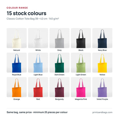 All 15 stock colours of the 38 × 42 cm cotton tote bag with logo print, 140 g/m²