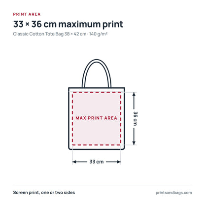 Diagram of the 33 × 36 cm maximum print area on a 38 × 42 cm cotton tote bag with logo print