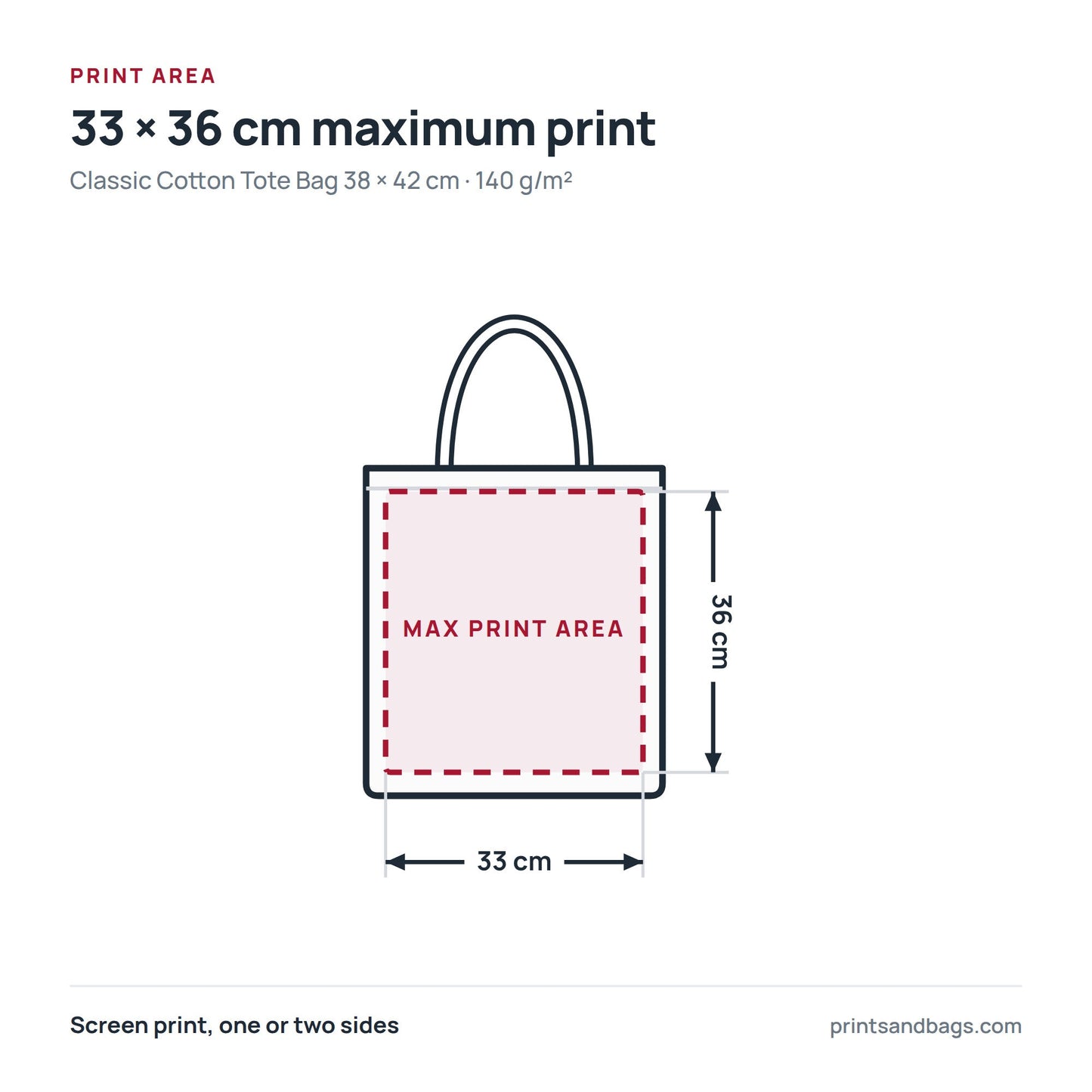 Diagram of the 33 × 36 cm maximum print area on a 38 × 42 cm cotton tote bag with logo print
