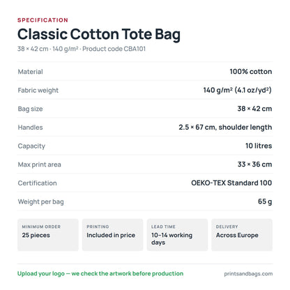 Specification of the 38 × 42 cm cotton tote bag with logo print: 100% cotton, 140 g/m², 10 litres, 33 × 36 cm print area, OEKO-TEX Standard 100