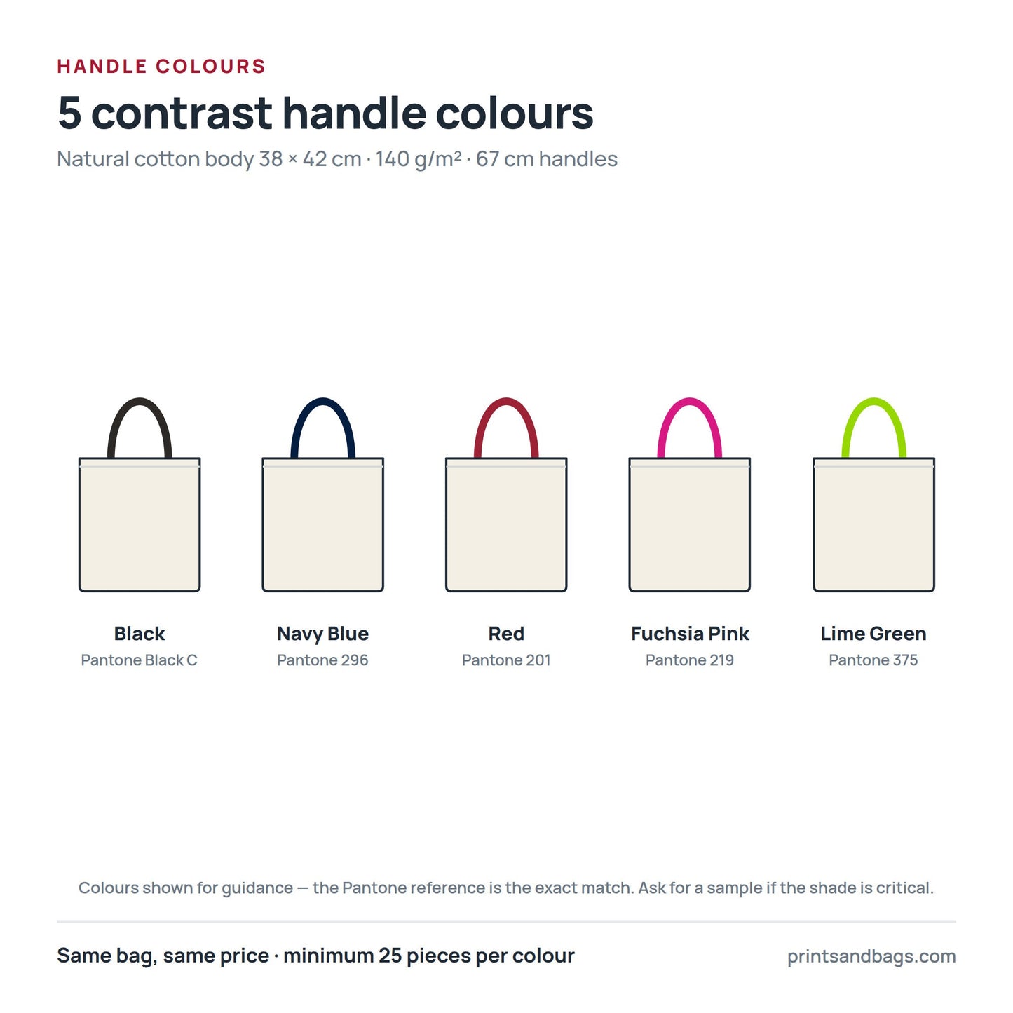 The 5 contrast handle colours for the natural 38 × 42 cm cotton tote bag: black, navy blue, red, fuchsia pink and lime green, with Pantone references