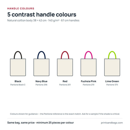 The 5 contrast handle colours for the natural 38 × 42 cm cotton tote bag: black, navy blue, red, fuchsia pink and lime green, with Pantone references