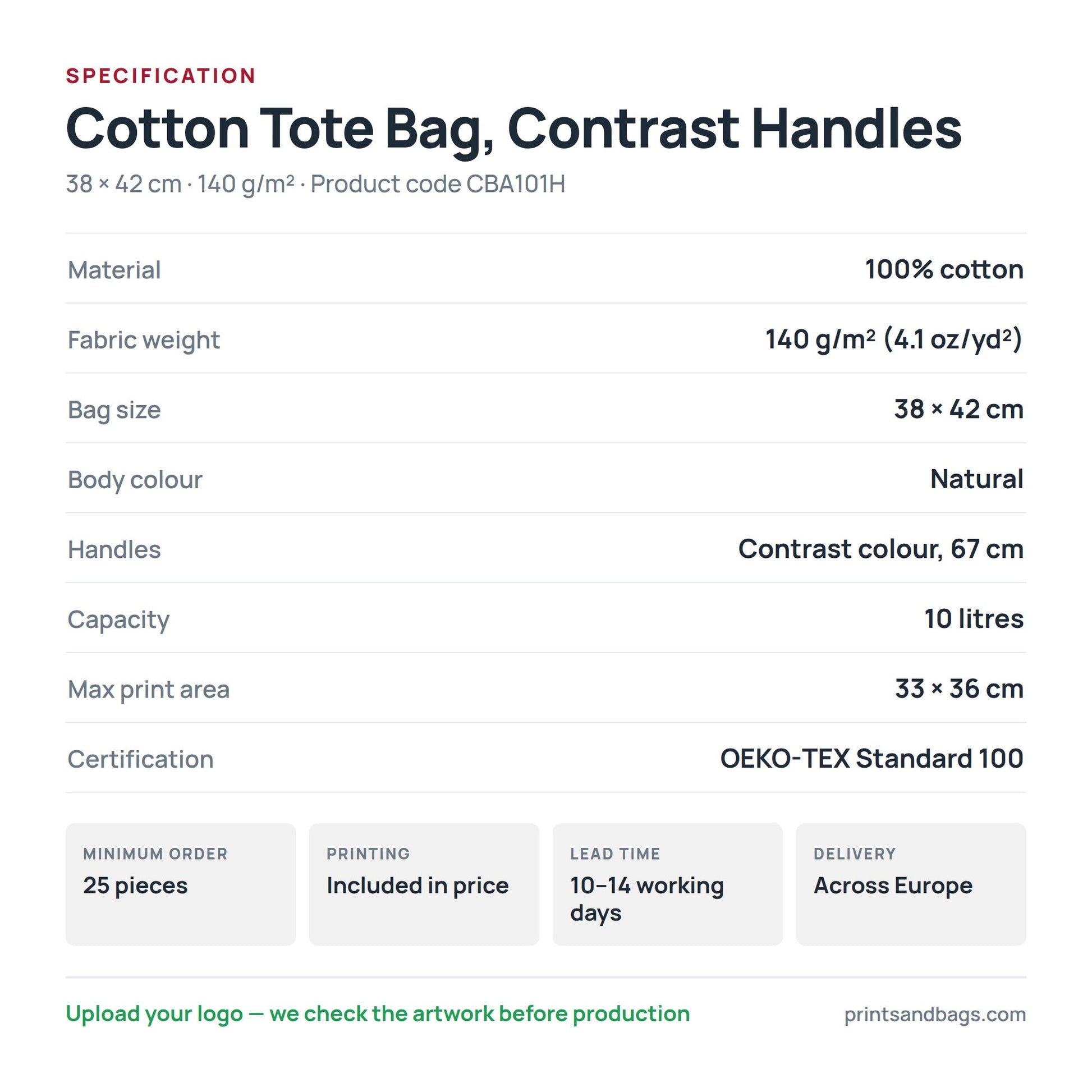 Specification of the 38 × 42 cm cotton tote bag with contrast handles: 100% cotton, 140 g/m², 10 litres, 67 cm handles, 33 × 36 cm print area, OEKO-TEX Standard 100
