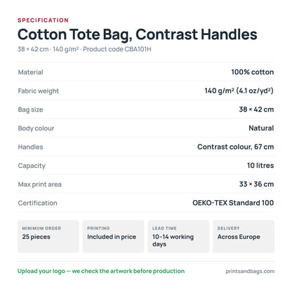 Specification of the 38 × 42 cm cotton tote bag with contrast handles: 100% cotton, 140 g/m², 10 litres, 67 cm handles, 33 × 36 cm print area, OEKO-TEX Standard 100