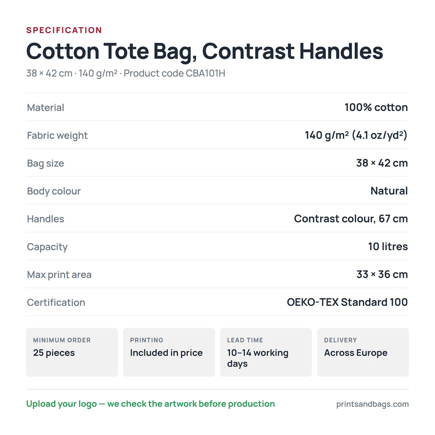 Specification of the 38 × 42 cm cotton tote bag with contrast handles: 100% cotton, 140 g/m², 10 litres, 67 cm handles, 33 × 36 cm print area, OEKO-TEX Standard 100