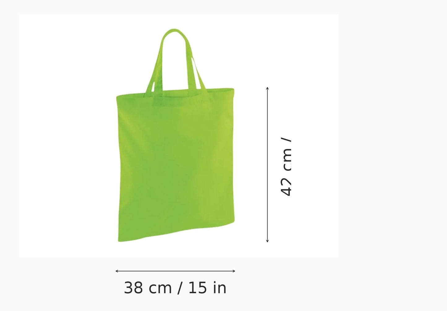 Bolsa de algodón con asas cortas, color verde lima, con estampado personalizado, 38 × 42 cm, con marcas de altura y anchura