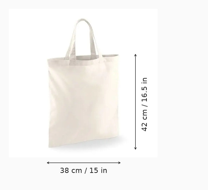Bolsa de algodón con asas cortas, color natural, con estampado personalizado, 38 × 42 cm, con marcas de altura y anchura