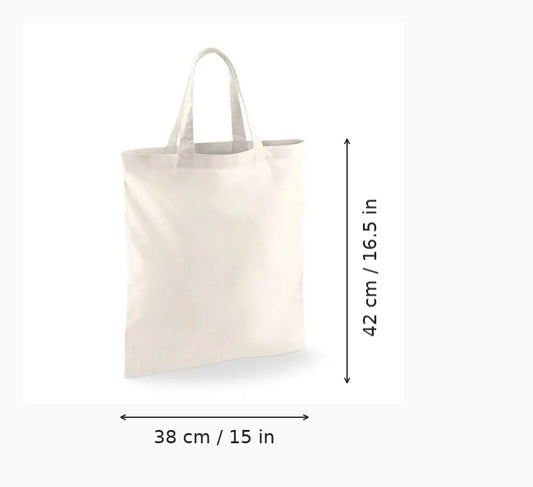 Shopper in cotone color naturale con manici corti e stampa personalizzata, 38 × 42 cm, con indicazioni di altezza e larghezza