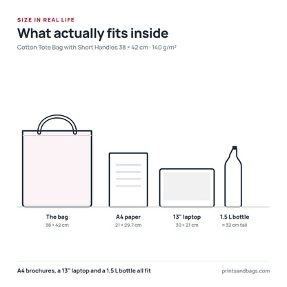 Size comparison of the 38 × 42 cm short-handle cotton tote bag with A4 paper, a 13-inch laptop and a 1.5 litre bottle, drawn to scale