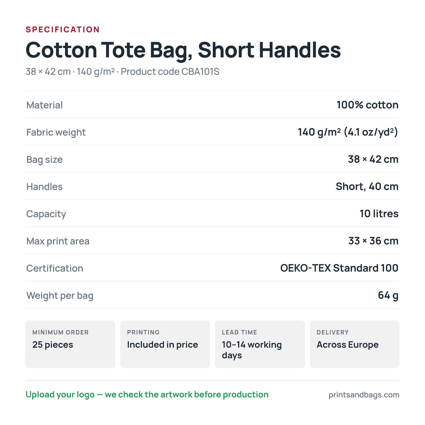Specification of the 38 × 42 cm cotton tote bag with short handles: 100% cotton, 140 g/m², 10 litres, 40 cm handles, 33 × 36 cm print area, OEKO-TEX Standard 100