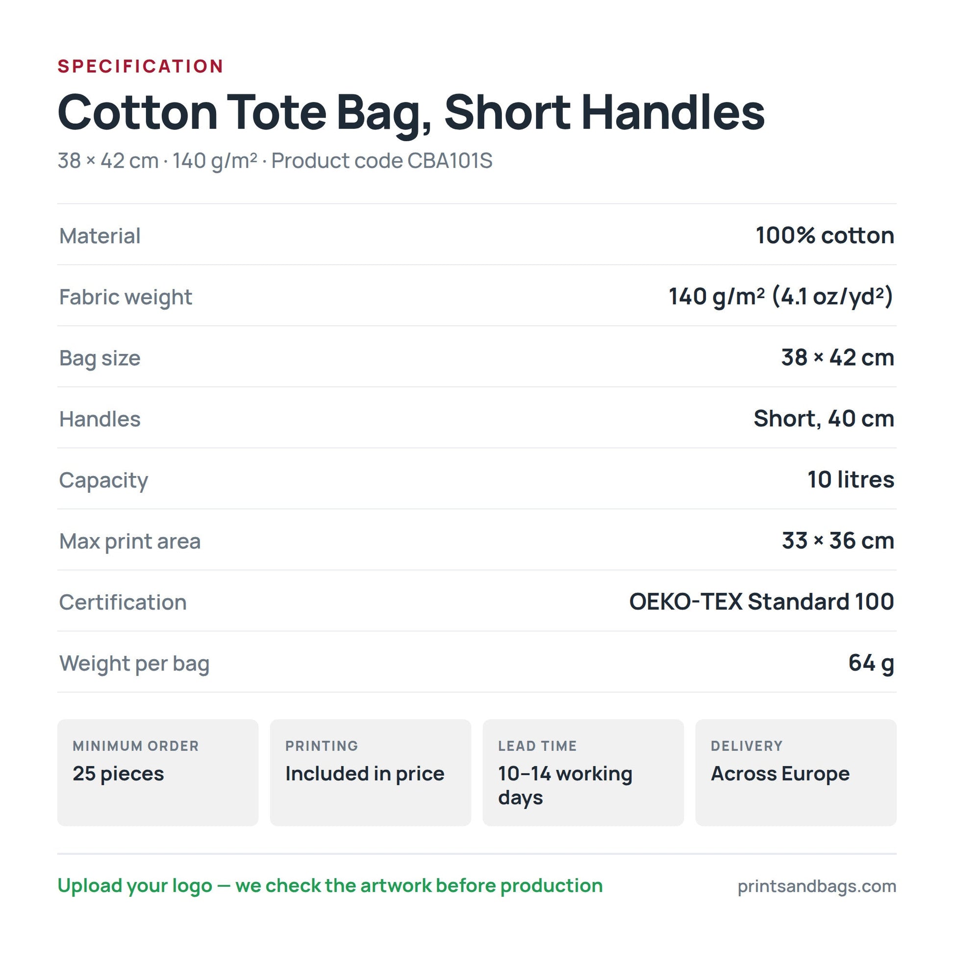 Specification of the 38 × 42 cm cotton tote bag with short handles: 100% cotton, 140 g/m², 10 litres, 40 cm handles, 33 × 36 cm print area, OEKO-TEX Standard 100