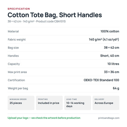 Specification of the 38 × 42 cm cotton tote bag with short handles: 100% cotton, 140 g/m², 10 litres, 40 cm handles, 33 × 36 cm print area, OEKO-TEX Standard 100