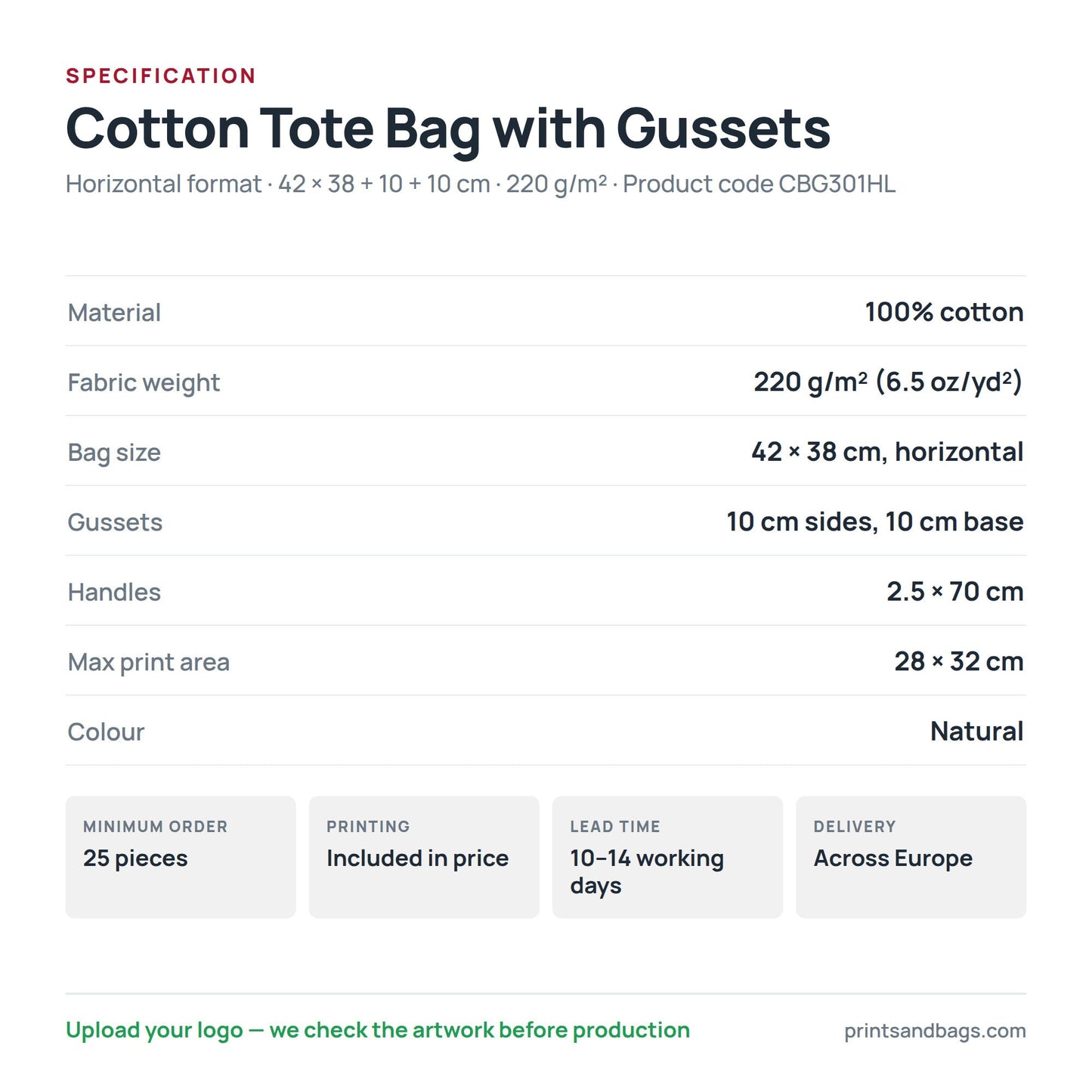 Specification of the 42 × 38 cm horizontal cotton tote bag with gussets: 100% cotton, 220 g/m², 10 cm side and base gussets, 2.5 × 70 cm handles, 28 × 32 cm print area