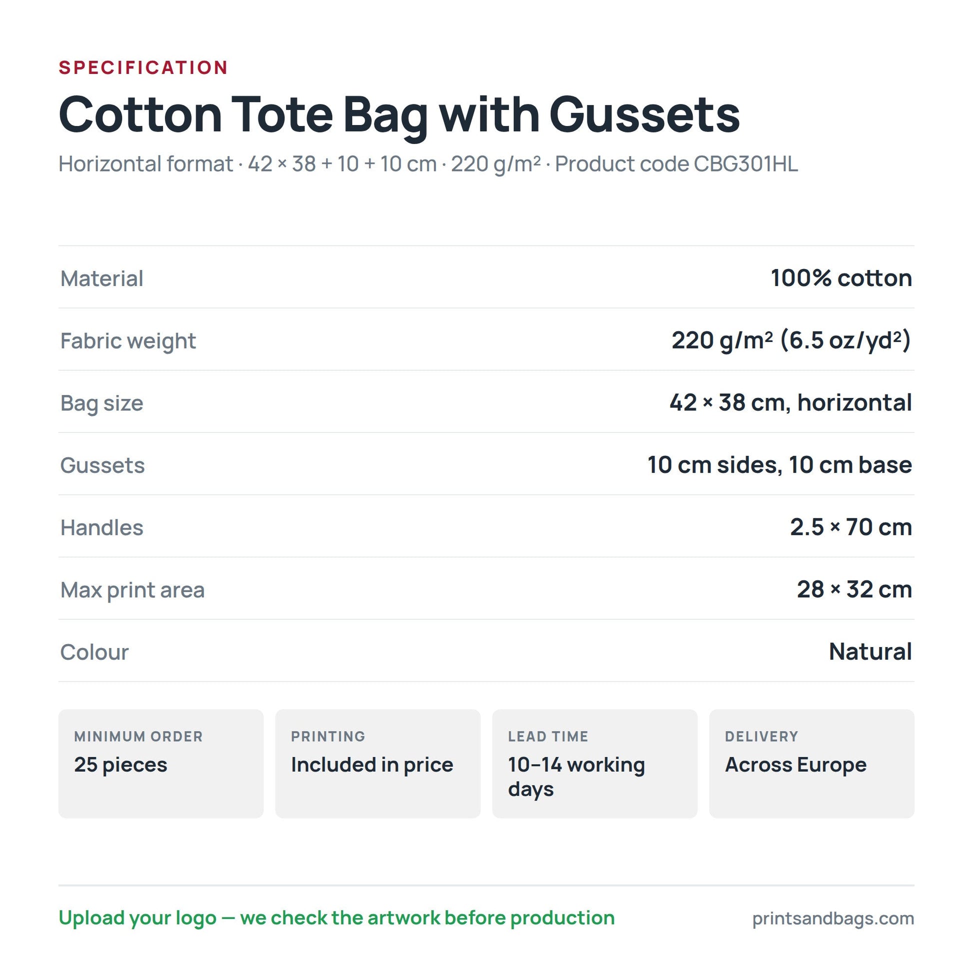 Specification of the 42 × 38 cm horizontal cotton tote bag with gussets: 100% cotton, 220 g/m², 10 cm side and base gussets, 2.5 × 70 cm handles, 28 × 32 cm print area