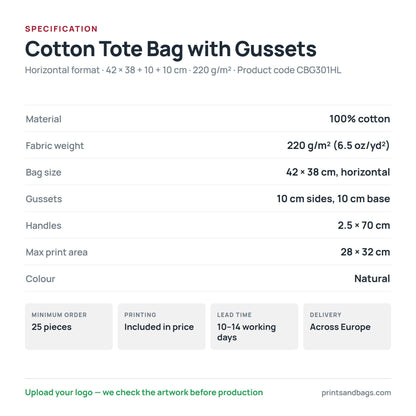 Specification of the 42 × 38 cm horizontal cotton tote bag with gussets: 100% cotton, 220 g/m², 10 cm side and base gussets, 2.5 × 70 cm handles, 28 × 32 cm print area