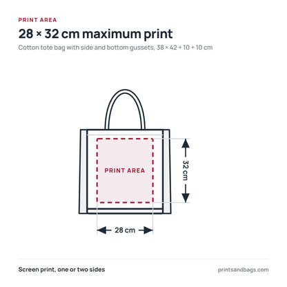 Diagram of the 28 × 32 cm maximum print area on a 38 × 42 cm cotton tote bag with side and bottom gussets