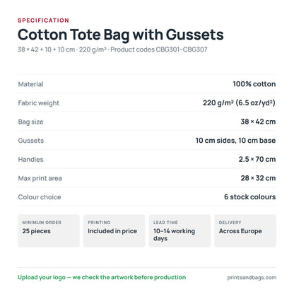 Specification of the 38 × 42 cm cotton tote bag with gussets: 100% cotton, 220 g/m², 10 cm side and base gussets, 2.5 × 70 cm handles, 28 × 32 cm print area