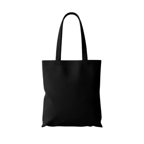 Black cotton tote bag with logo print, 140 g/m², 38 × 42 cm